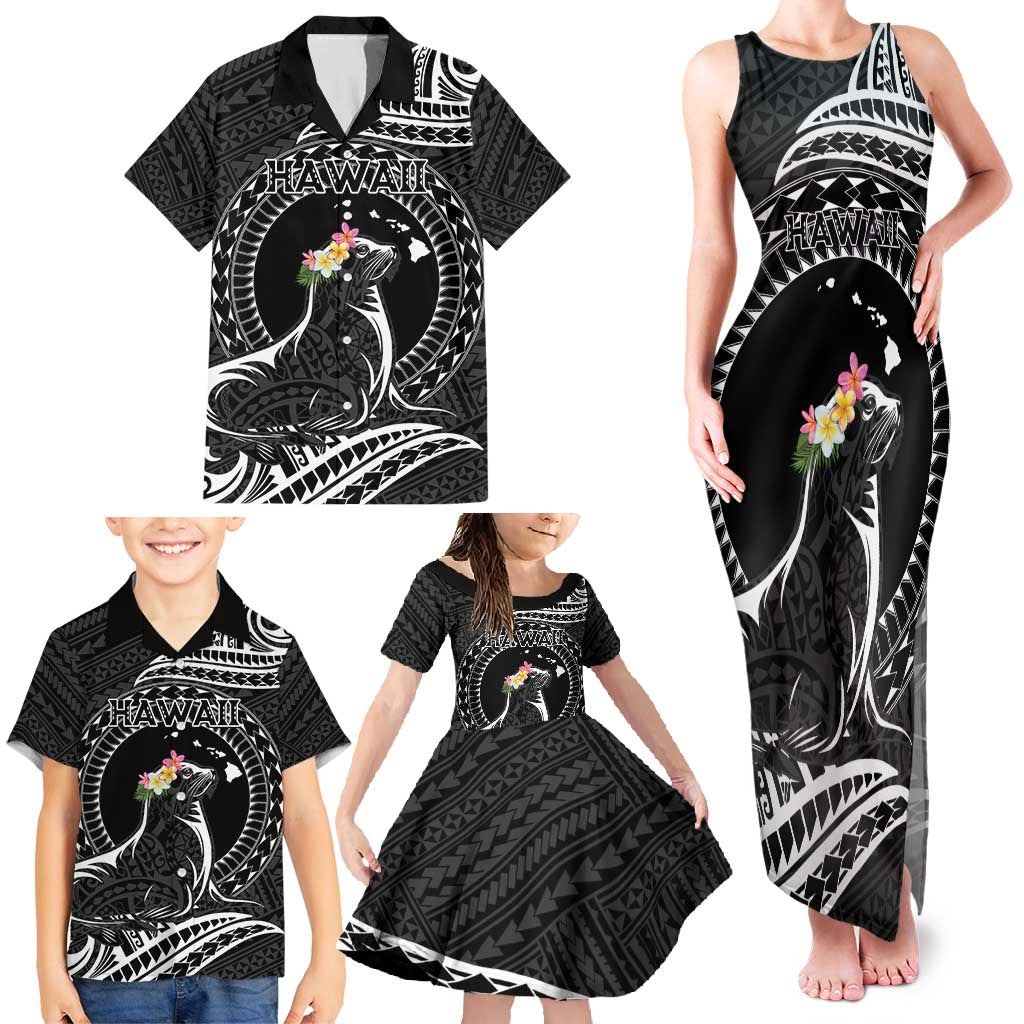 Personalised Hawaii Monk Seal Family Matching Tank Maxi Dress and Hawaiian Shirt Polynesian Tattoo With Tropical Flowers - Black LT14 - Polynesian Pride