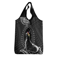 Personalised Hawaii Monk Seal Grocery Bag Polynesian Tattoo With Tropical Flowers - Black