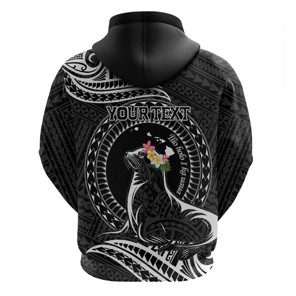 Personalised Hawaii Monk Seal Hoodie Polynesian Tattoo With Tropical Flowers - Black