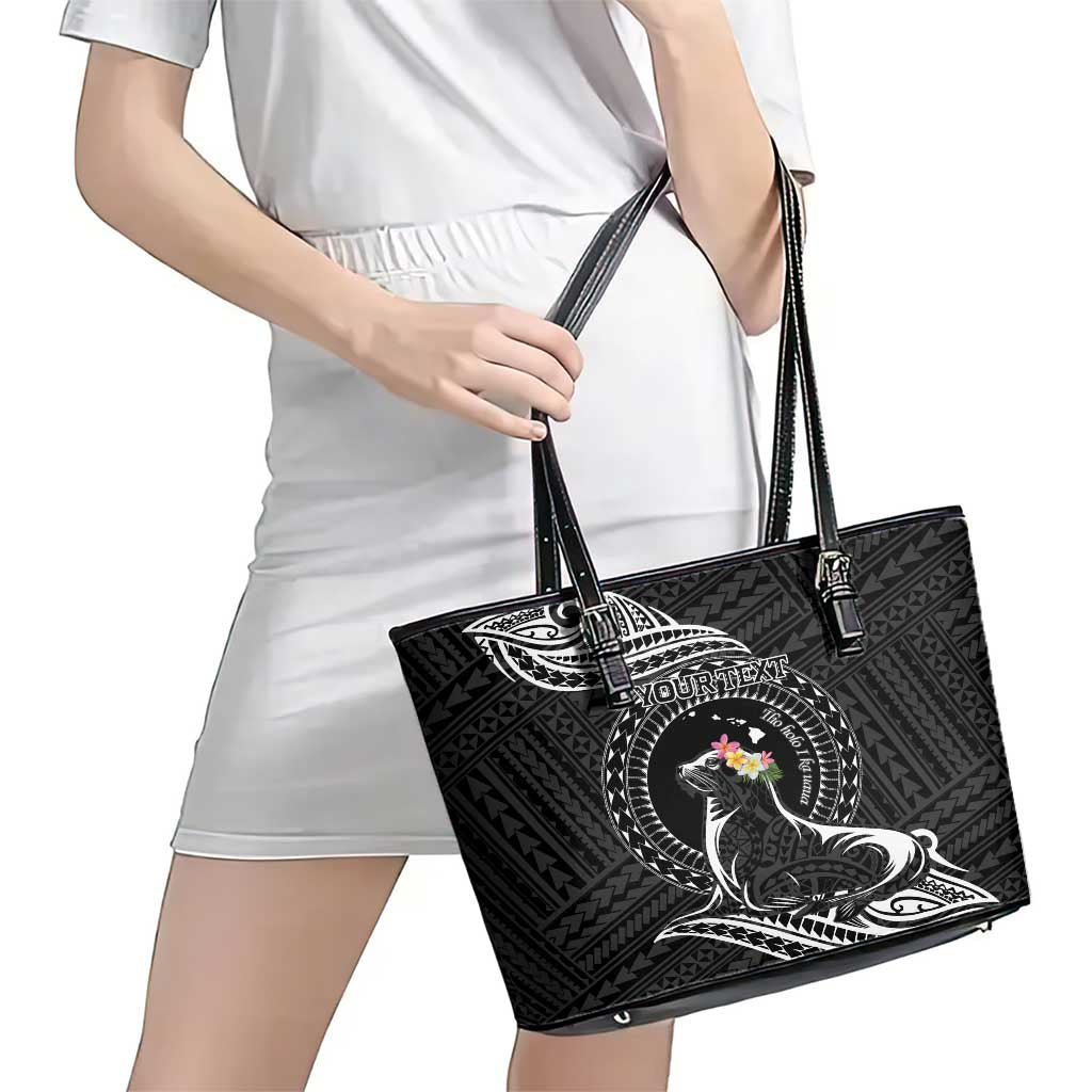 Personalised Hawaii Monk Seal Leather Tote Bag Polynesian Tattoo With Tropical Flowers - Black LT14 - Polynesian Pride