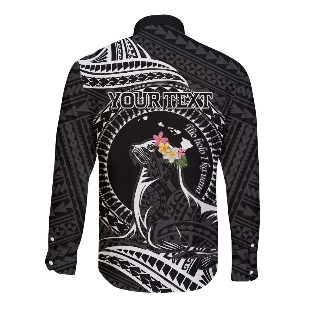 Personalised Hawaii Monk Seal Long Sleeve Button Shirt Polynesian Tattoo With Tropical Flowers - Black LT14 - Polynesian Pride