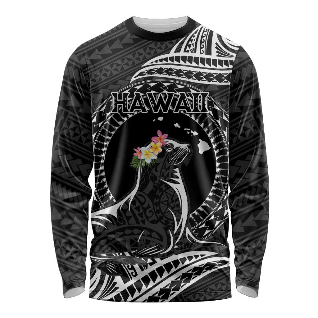 Personalised Hawaii Monk Seal Long Sleeve Shirt Polynesian Tattoo With Tropical Flowers - Black LT14 Unisex Black - Polynesian Pride