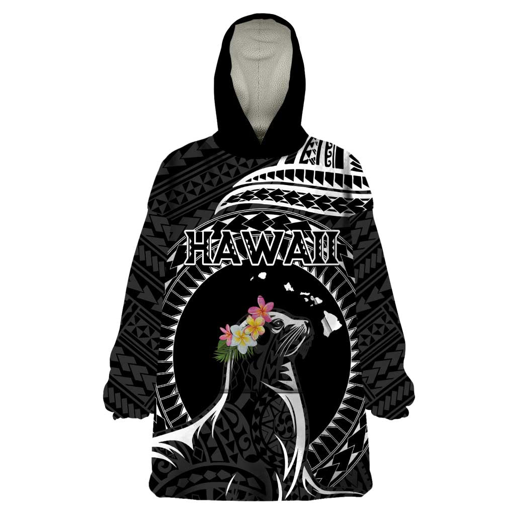 Personalised Hawaii Monk Seal Wearable Blanket Hoodie Polynesian Tattoo With Tropical Flowers - Black LT14 One Size Black - Polynesian Pride