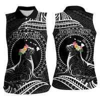 Personalised Hawaii Monk Seal Women Sleeveless Polo Shirt Polynesian Tattoo With Tropical Flowers - Black
