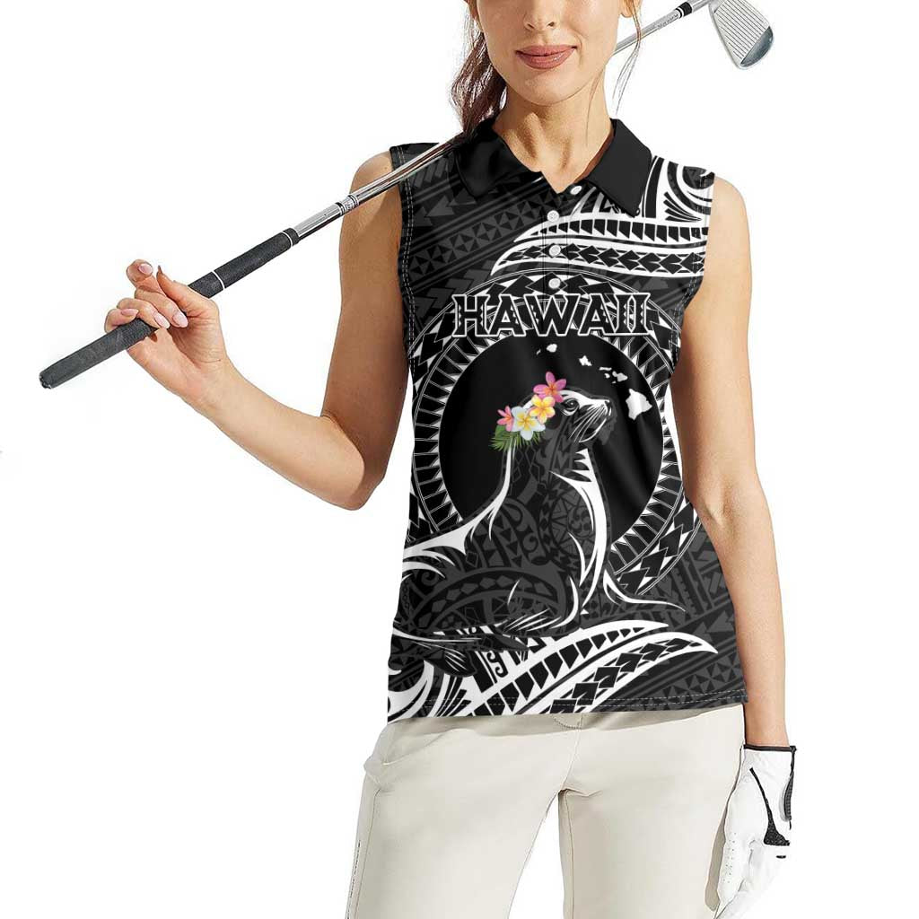 Personalised Hawaii Monk Seal Women Sleeveless Polo Shirt Polynesian Tattoo With Tropical Flowers - Black