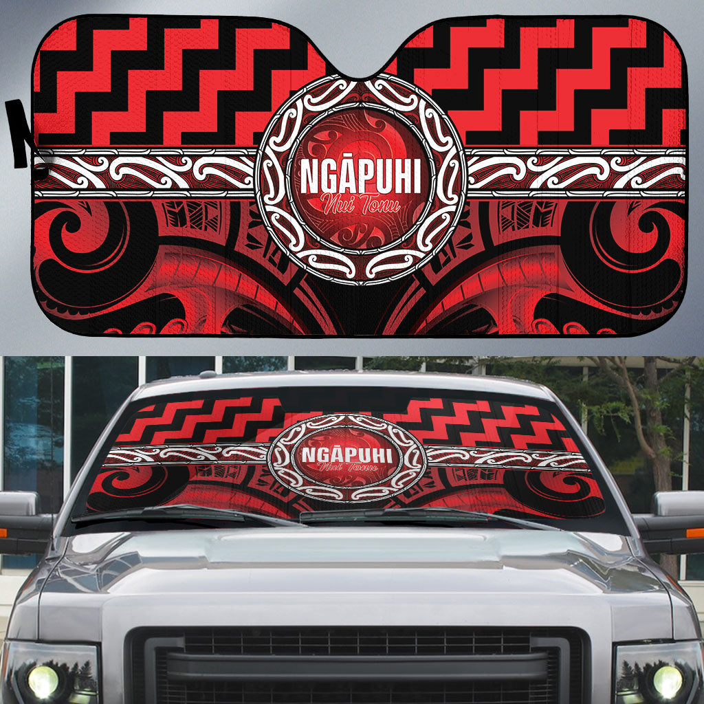 Aotearoa Ngapuhi Auto Sun Shade Maori Iwi Poutama Puhoro Tattoo LT14 Red - Polynesian Pride