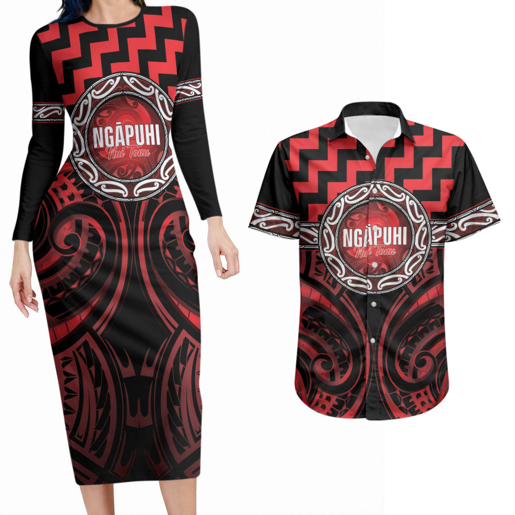 Aotearoa Ngapuhi Personalised Couples Matching Long Sleeve Bodycon Dress and Hawaiian Shirt Maori Iwi Poutama Puhoro Tattoo LT14 Red - Polynesian Pride