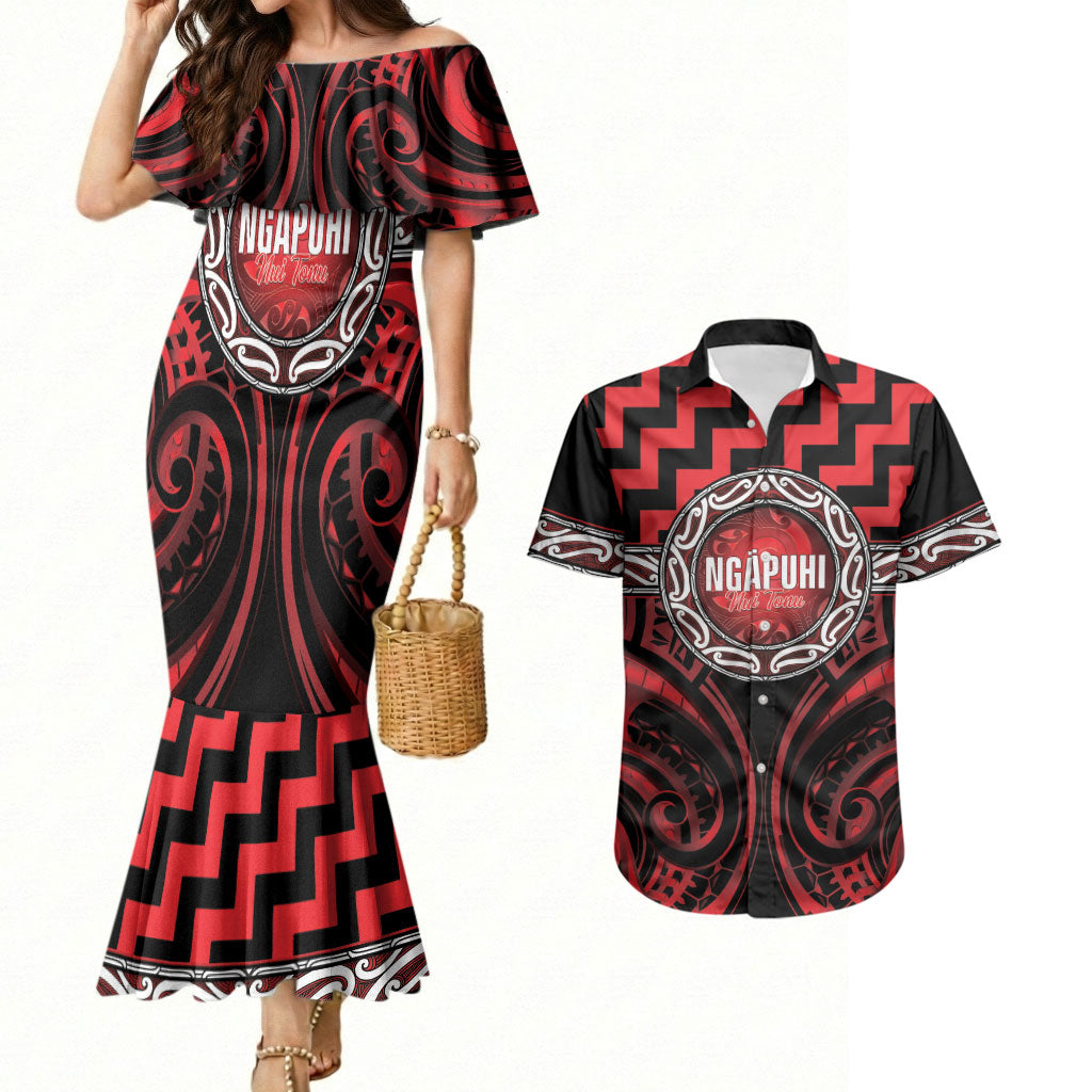 Aotearoa Ngapuhi Personalised Couples Matching Mermaid Dress and Hawaiian Shirt Maori Iwi Poutama Puhoro Tattoo LT14 Red - Polynesian Pride