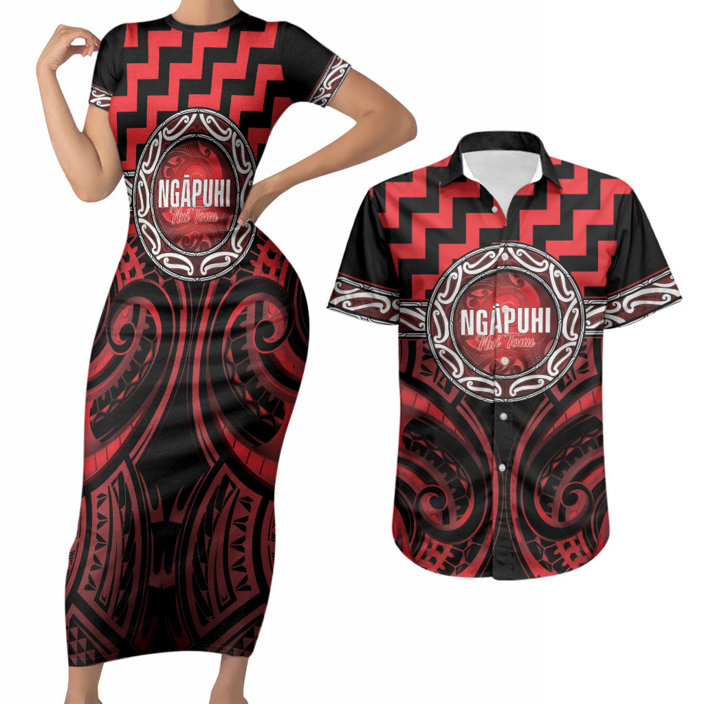 Aotearoa Ngapuhi Personalised Couples Matching Short Sleeve Bodycon Dress and Hawaiian Shirt Maori Iwi Poutama Puhoro Tattoo LT14 Red - Polynesian Pride
