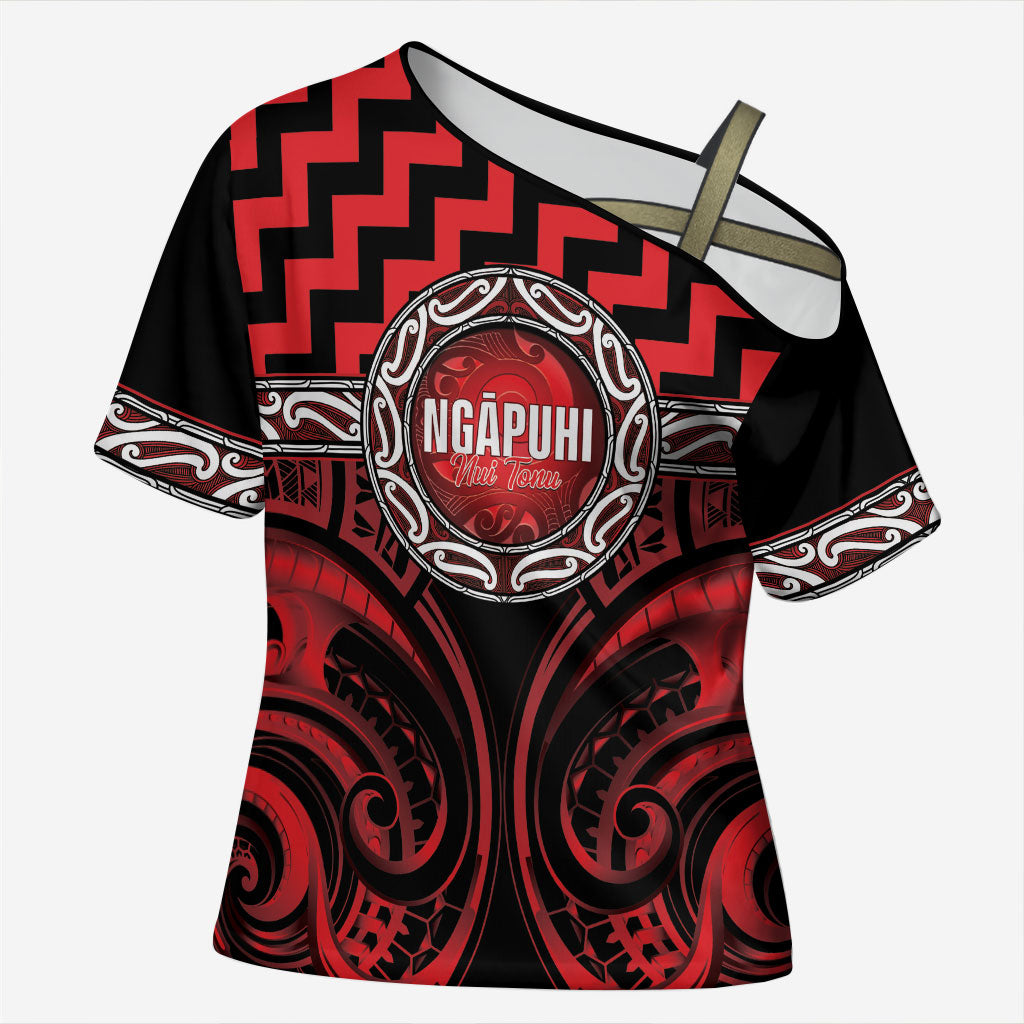 Aotearoa Ngapuhi Personalised Cross Shoulder Shirt Maori Iwi Poutama Puhoro Tattoo LT14 Female Red - Polynesian Pride