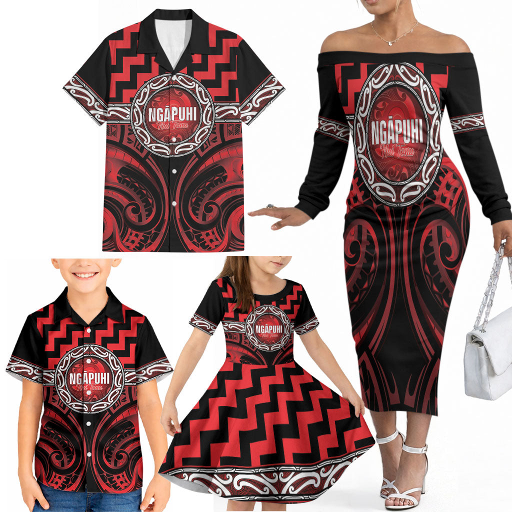 Aotearoa Ngapuhi Personalised Family Matching Off The Shoulder Long Sleeve Dress and Hawaiian Shirt Maori Iwi Poutama Puhoro Tattoo LT14 - Polynesian Pride