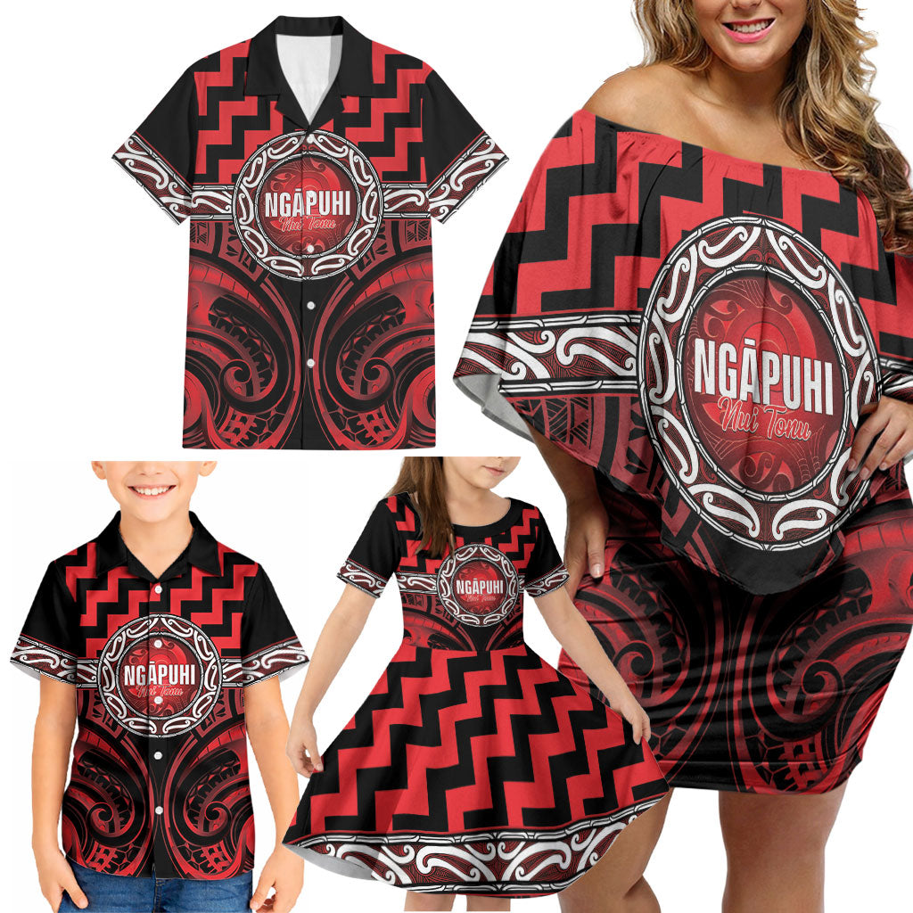 Aotearoa Ngapuhi Personalised Family Matching Off Shoulder Short Dress and Hawaiian Shirt Maori Iwi Poutama Puhoro Tattoo LT14 - Polynesian Pride