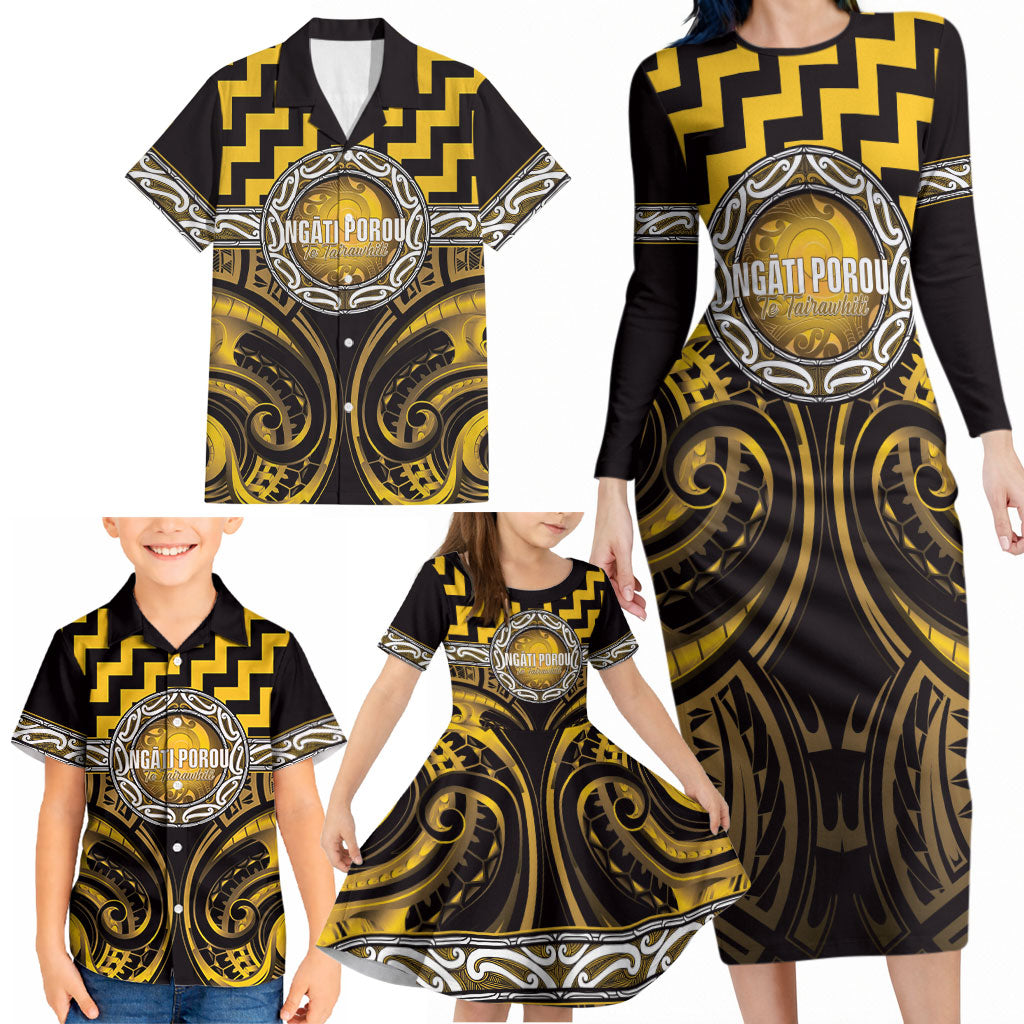 Aotearoa Ngati Porou Personalised Family Matching Long Sleeve Bodycon Dress and Hawaiian Shirt Maori Iwi Poutama Puhoro Tattoo LT14 - Polynesian Pride