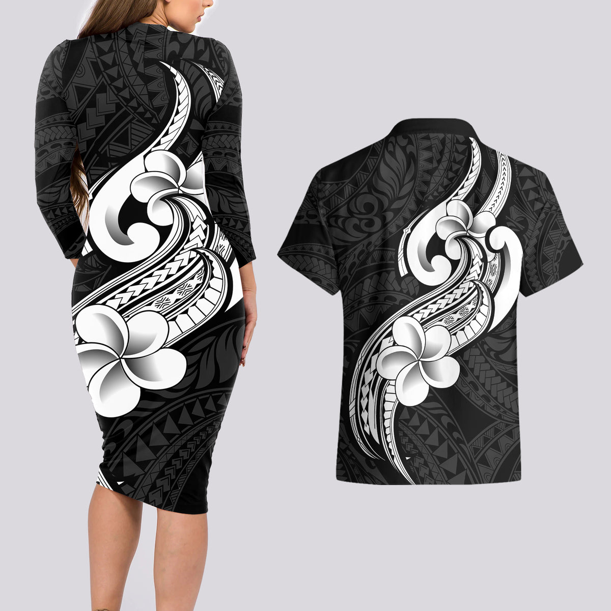 Polynesia Couples Matching Long Sleeve Bodycon Dress and Hawaiian Shirt Plumeria With Tribal Pattern Black Vibes LT14 - Polynesian Pride
