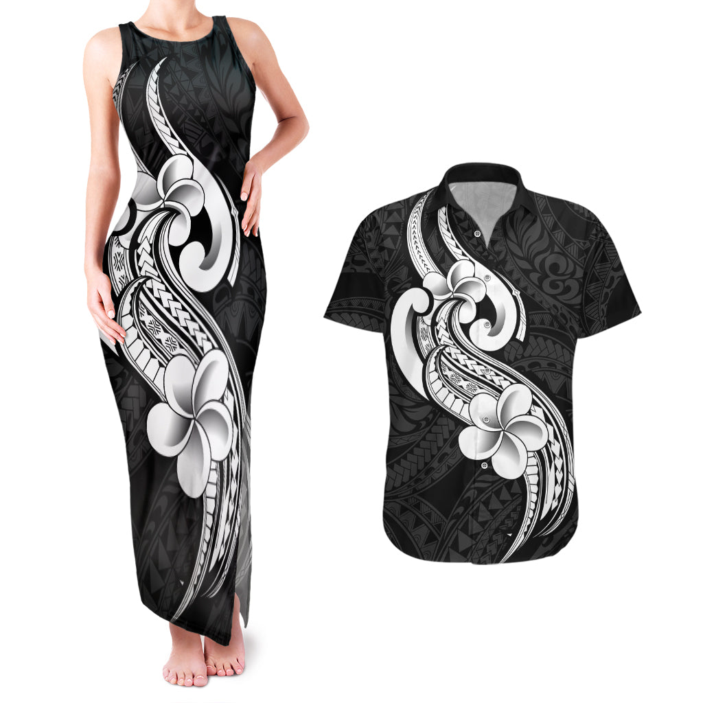 Polynesia Couples Matching Tank Maxi Dress and Hawaiian Shirt Plumeria With Tribal Pattern Black Vibes LT14 Black - Polynesian Pride