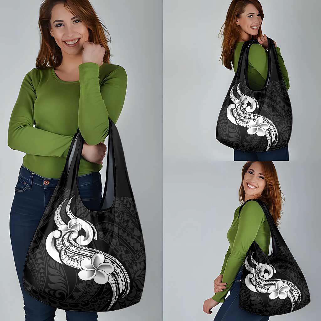 Polynesia Grocery Bag Plumeria With Tribal Pattern Black