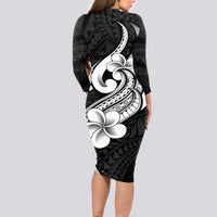 Polynesia Long Sleeve Bodycon Dress Plumeria With Tribal Pattern Black Vibes LT14 - Polynesian Pride