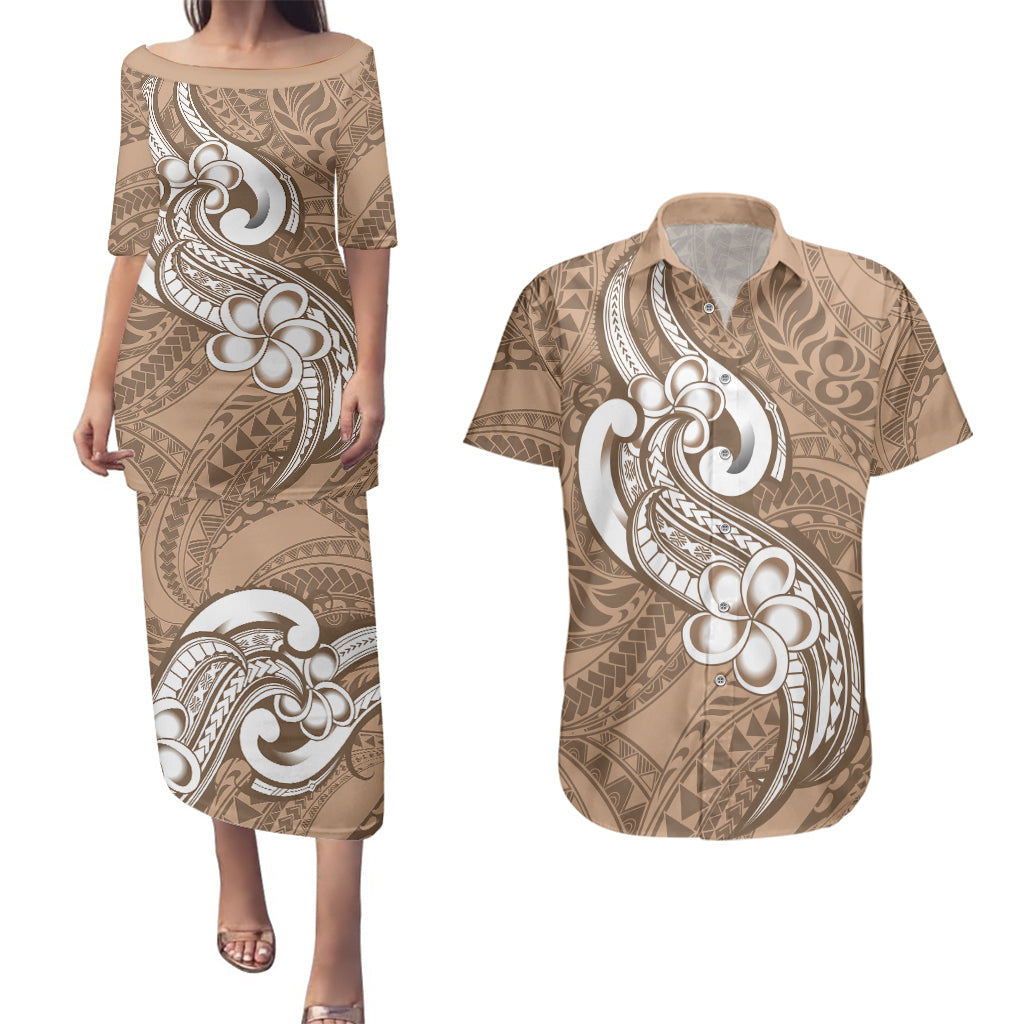 Polynesia Couples Matching Puletasi Dress and Hawaiian Shirt Plumeria With Tribal Pattern Brown Pastel Vibes LT14 Brown - Polynesian Pride