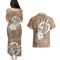 Polynesia Couples Matching Puletasi Dress and Hawaiian Shirt Plumeria With Tribal Pattern Brown Pastel Vibes LT14 - Polynesian Pride