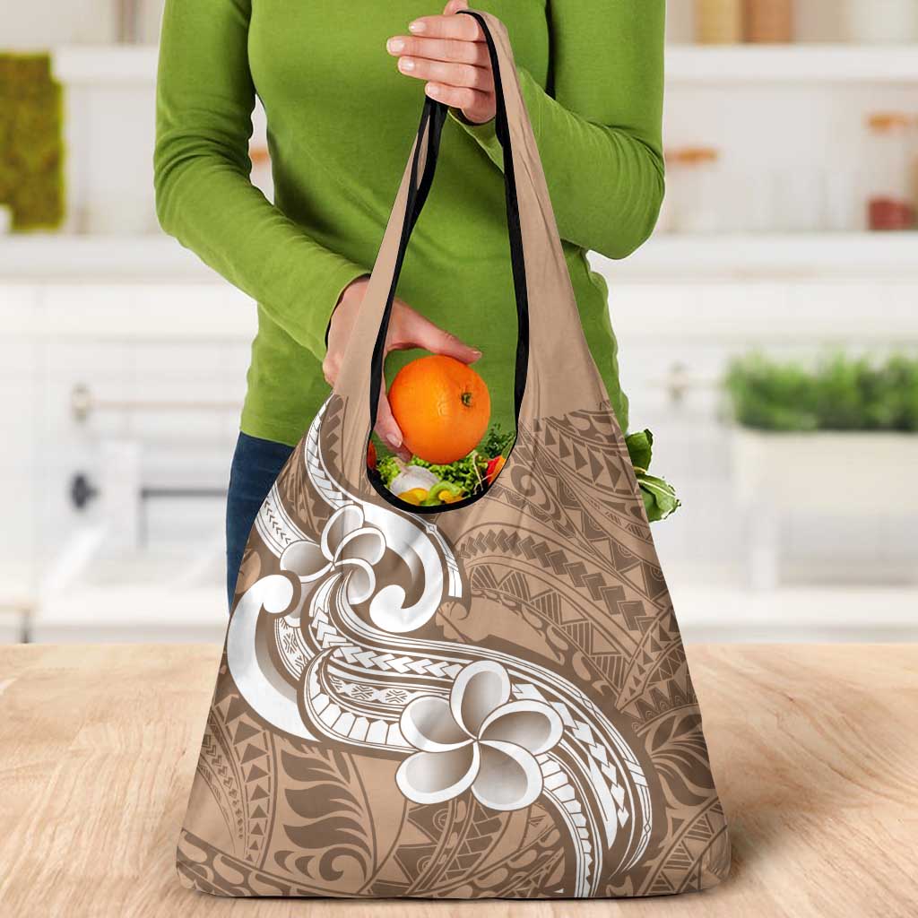 Polynesia Grocery Bag Plumeria With Tribal Pattern Brown Pastel