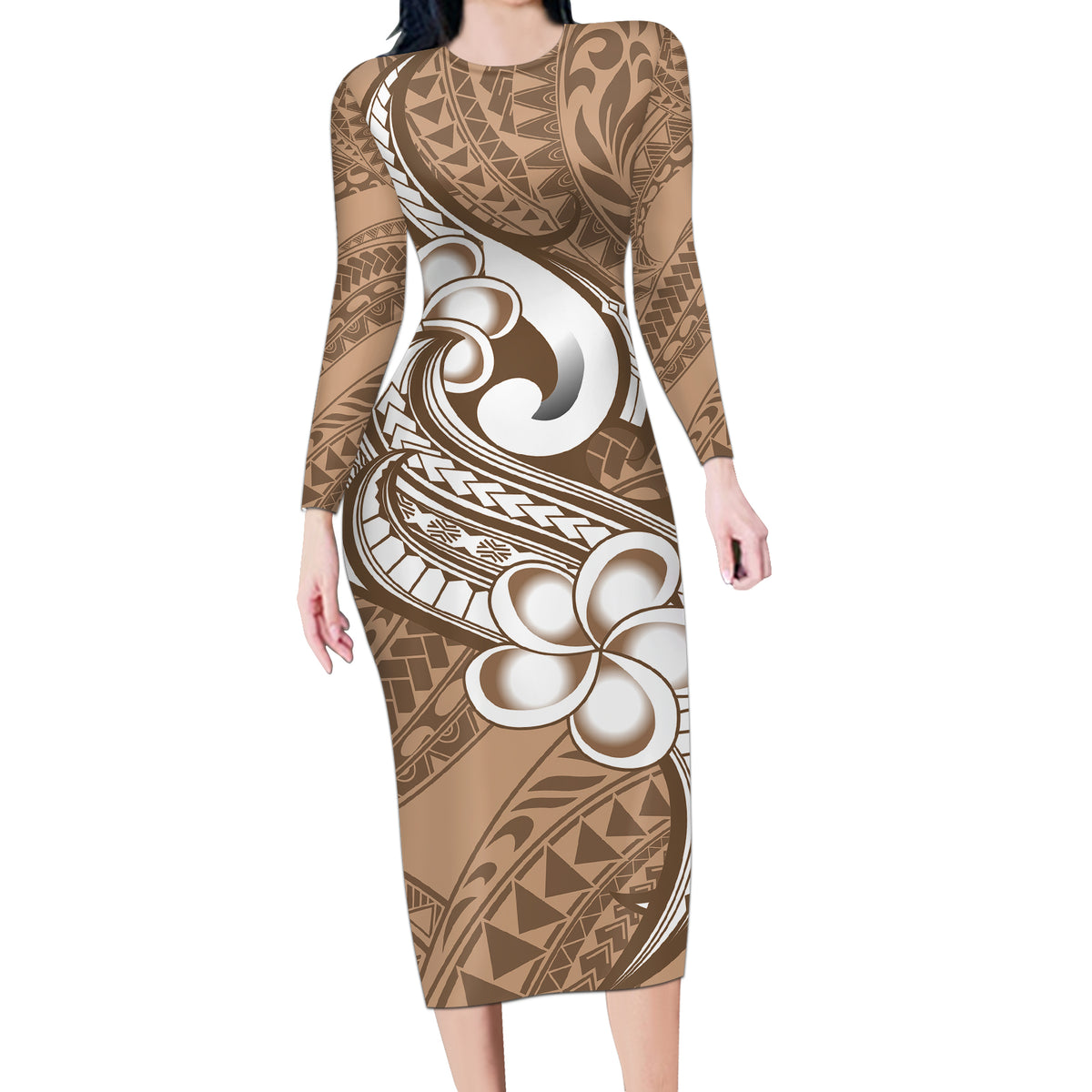 Polynesia Long Sleeve Bodycon Dress Plumeria With Tribal Pattern Brown - Polynesian Pride Polynesia Long Sleeve Bodycon Dress Plumeria With Tribal Pattern Brown - Polynesian Pride