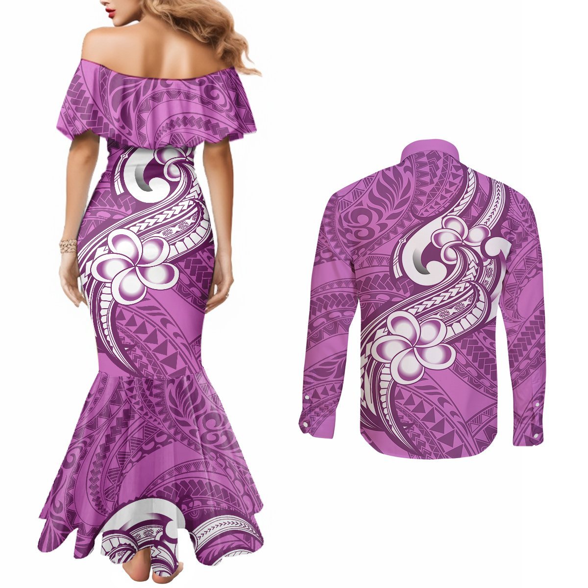 Polynesia Couples Matching Mermaid Dress and Long Sleeve Button Shirts Plumeria With Tribal Pattern Pink Pastel Vibes LT14 - Polynesian Pride