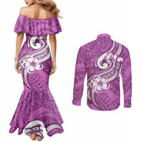 Polynesia Couples Matching Mermaid Dress and Long Sleeve Button Shirts Plumeria With Tribal Pattern Pink Pastel Vibes LT14 - Polynesian Pride