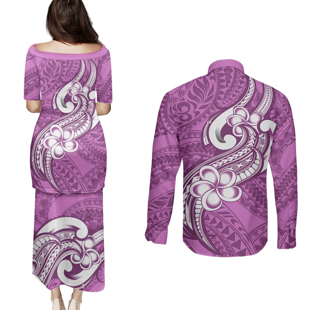 Polynesia Couples Matching Puletasi Dress and Long Sleeve Button Shirts Plumeria With Tribal Pattern Pink Pastel Vibes LT14 - Polynesian Pride