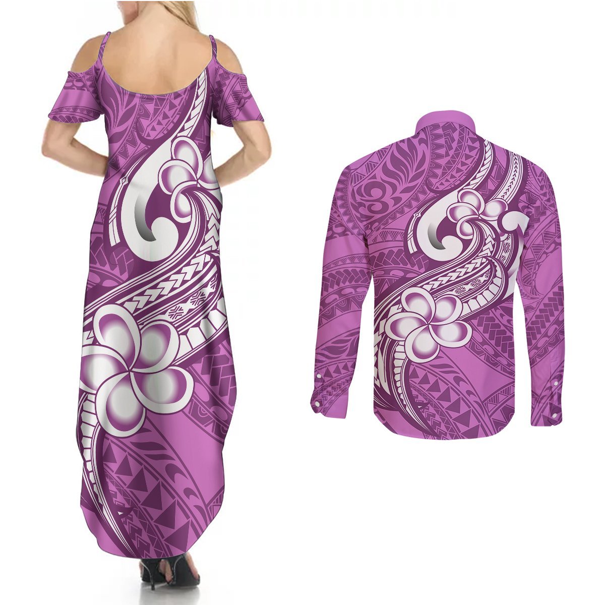 Polynesia Couples Matching Summer Maxi Dress and Long Sleeve Button Shirts Plumeria With Tribal Pattern Pink Pastel Vibes LT14 - Polynesian Pride