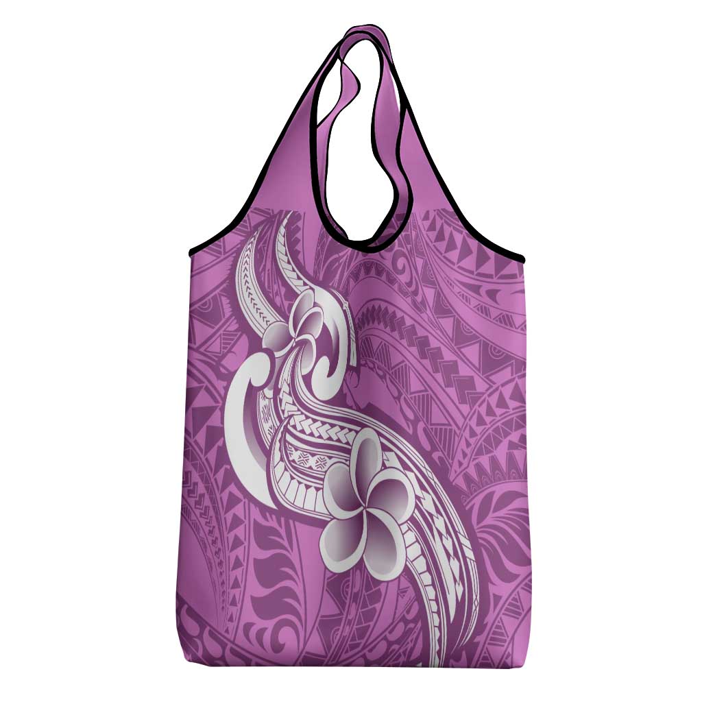 Polynesia Grocery Bag Plumeria With Tribal Pattern Pink Pastel