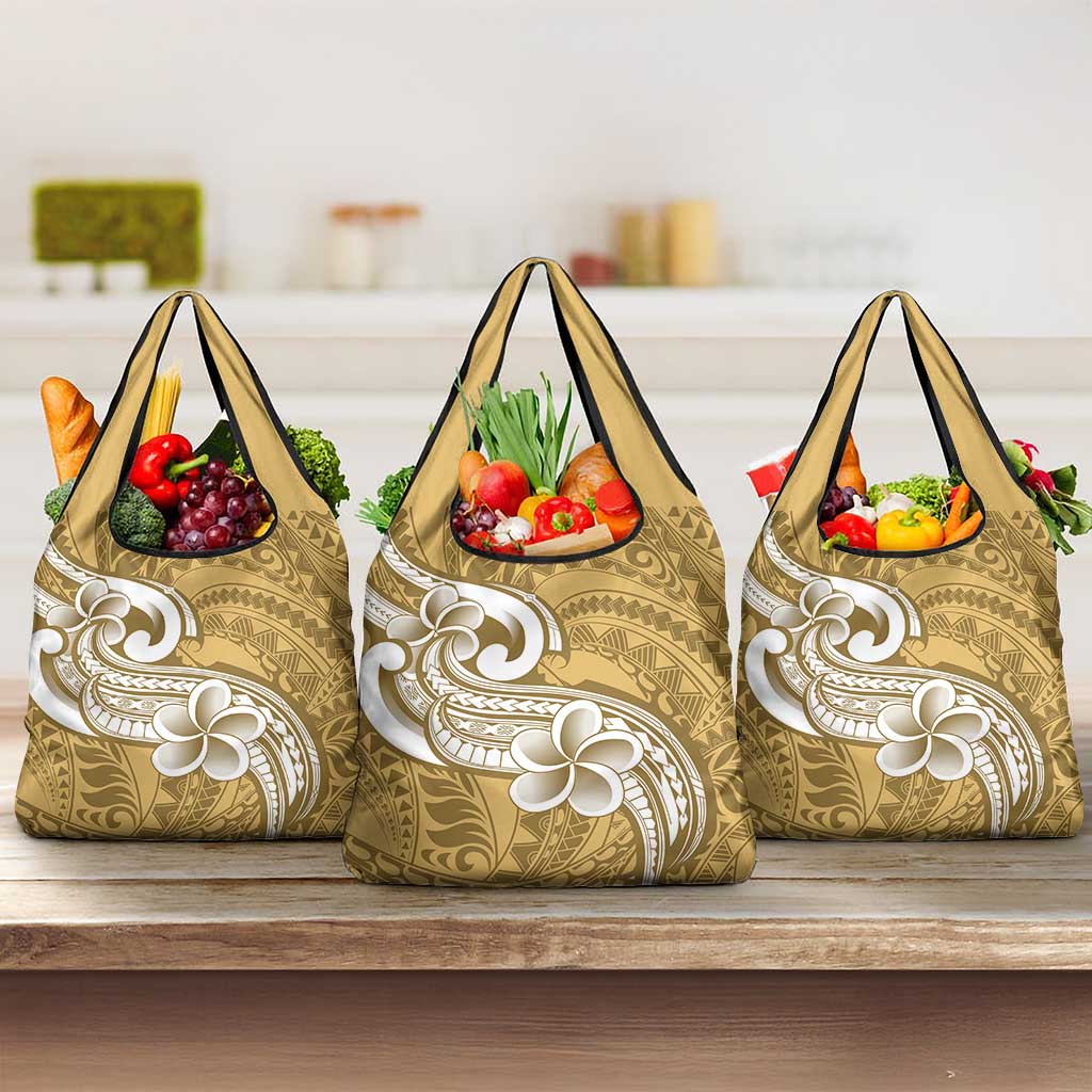 Polynesia Grocery Bag Plumeria With Tribal Pattern Yellow Pastel
