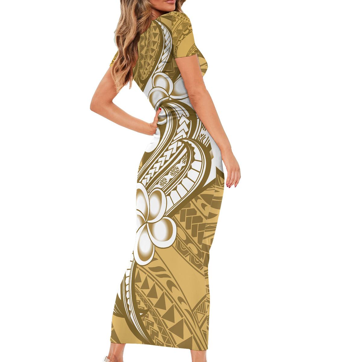 Polynesia Short Sleeve Bodycon Dress Plumeria With Tribal Pattern Yellow Pastel Vibes LT14 - Polynesian Pride