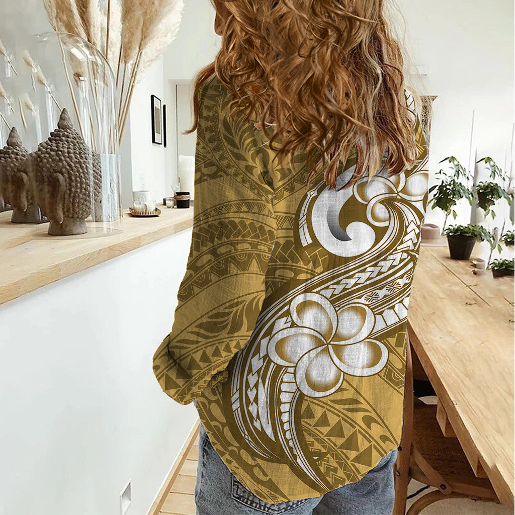 Polynesia Women Casual Shirt Plumeria With Tribal Pattern Yellow Pastel Vibes LT14 - Polynesian Pride
