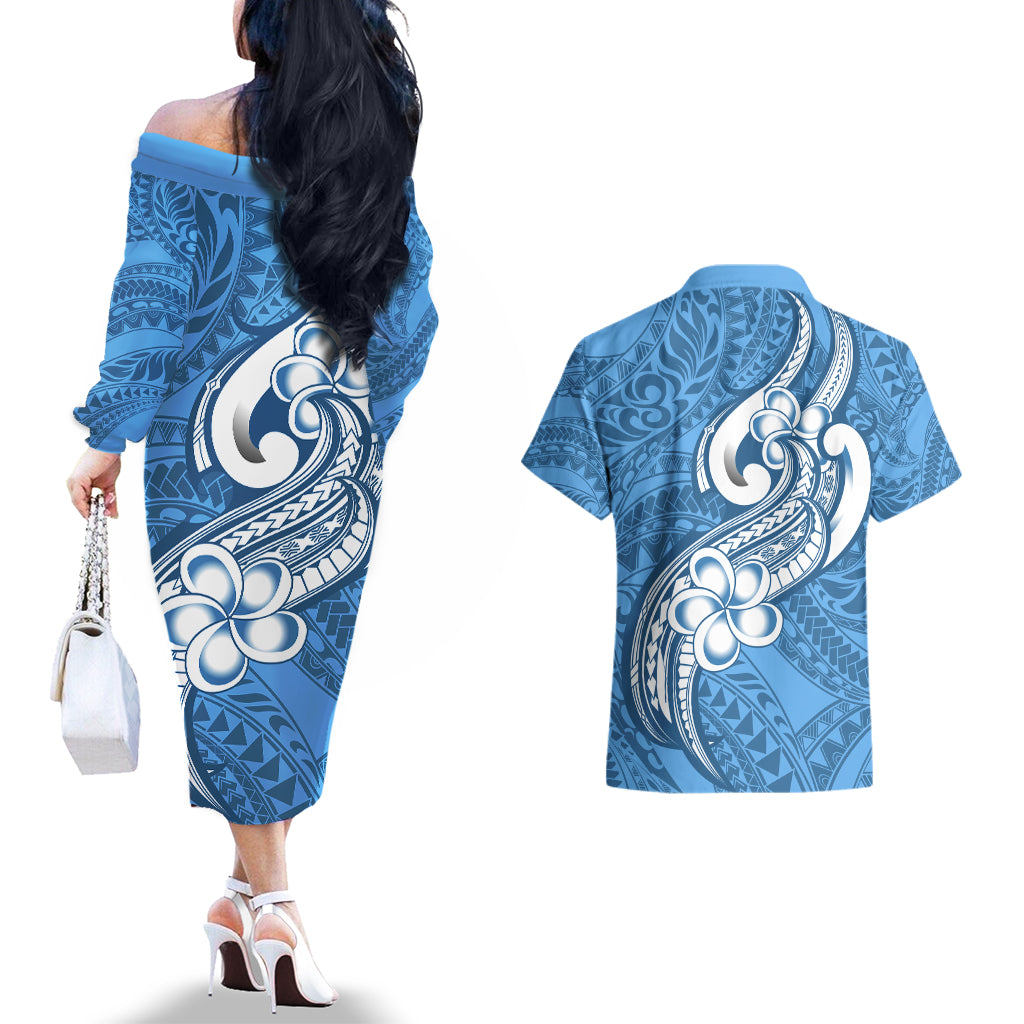 Polynesia Couples Matching Off The Shoulder Long Sleeve Dress and Hawaiian Shirt Plumeria With Tribal Pattern Blue Pastel Vibes LT14 - Polynesian Pride