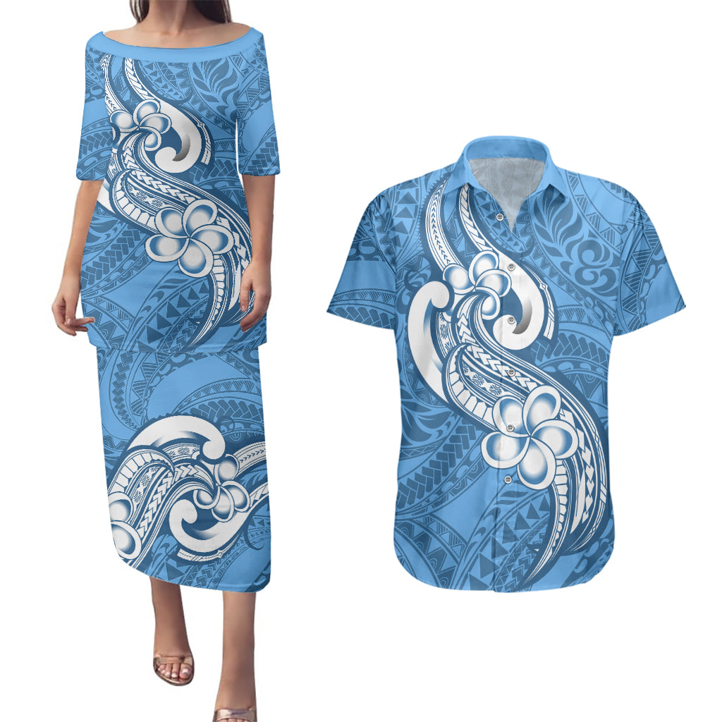 Polynesia Couples Matching Puletasi Dress and Hawaiian Shirt Plumeria With Tribal Pattern Blue Pastel Vibes LT14 Blue - Polynesian Pride