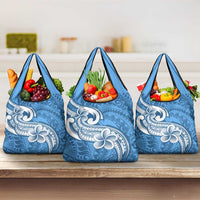 Polynesia Grocery Bag Plumeria With Tribal Pattern Blue Pastel
