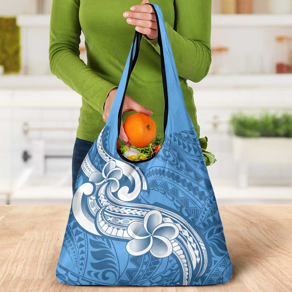 Polynesia Grocery Bag Plumeria With Tribal Pattern Blue Pastel