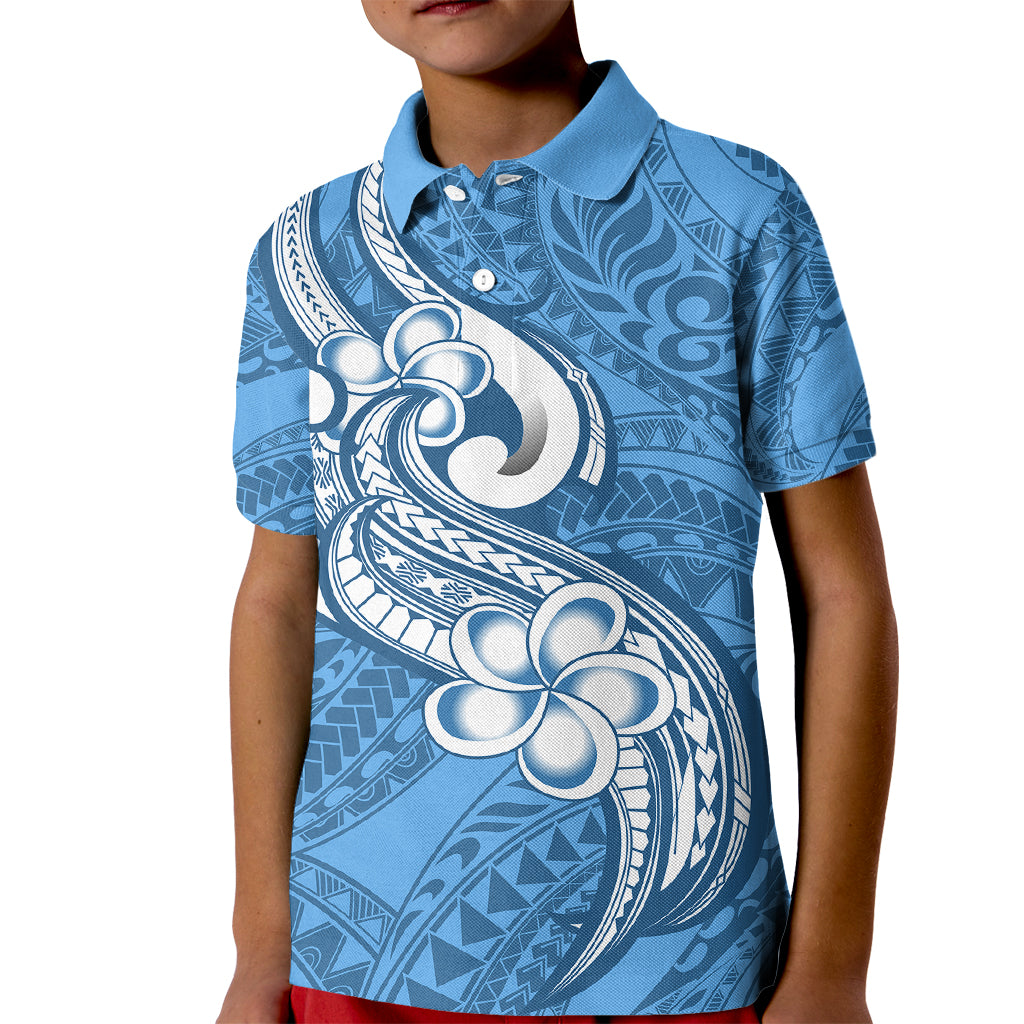 Polynesia Kid Polo Shirt Plumeria With Tribal Pattern Blue Pastel Vibes LT14 Kid Blue - Polynesian Pride