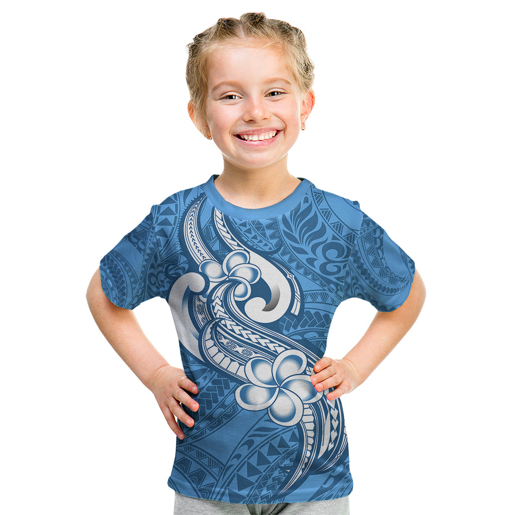 Polynesia Kid T Shirt Plumeria With Tribal Pattern Blue Pastel Vibes LT14 Blue - Polynesian Pride
