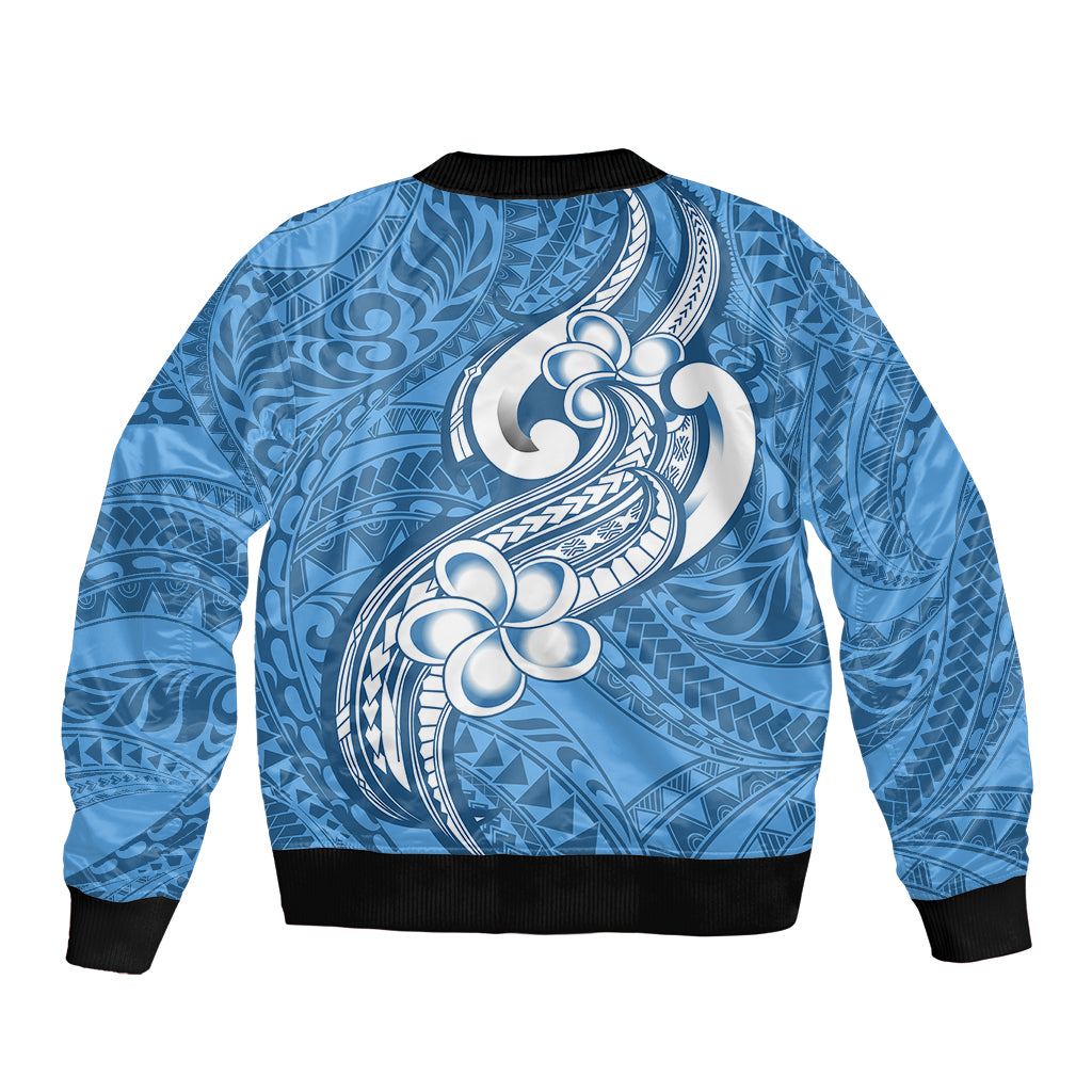 Polynesia Sleeve Zip Bomber Jacket Plumeria With Tribal Pattern Blue Pastel Vibes LT14 - Polynesian Pride