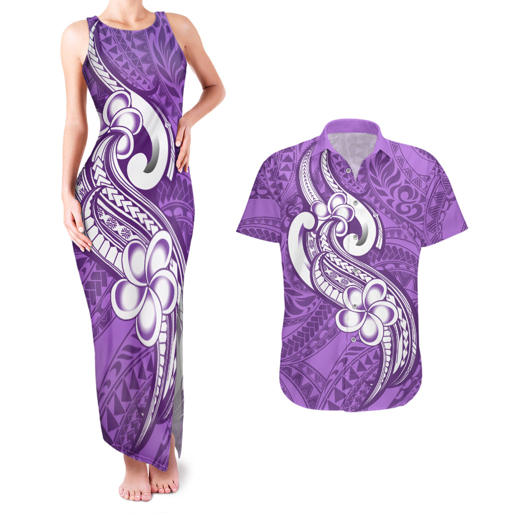 Polynesia Couples Matching Tank Maxi Dress and Hawaiian Shirt Plumeria With Tribal Pattern Purple Pastel Vibes LT14 Purple - Polynesian Pride