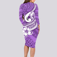 Polynesia Long Sleeve Bodycon Dress Plumeria With Tribal Pattern Purple Pastel Vibes LT14 - Polynesian Pride
