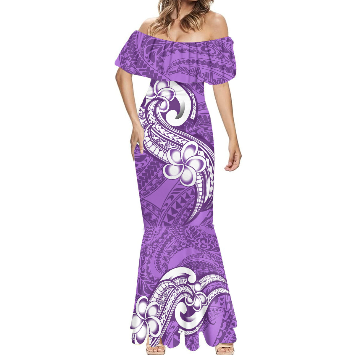 Polynesia Mermaid Dress Plumeria With Tribal Pattern Purple Pastel Vibes LT14 - Polynesian Pride