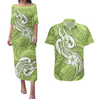 Polynesia Couples Matching Puletasi Dress and Hawaiian Shirt Plumeria With Tribal Pattern Green Pastel Vibes LT14 Green - Polynesian Pride