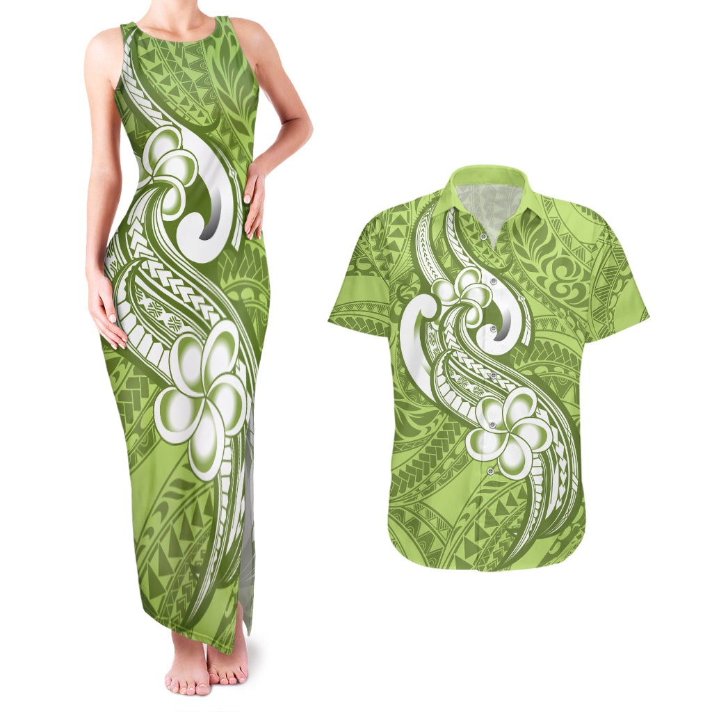 Polynesia Couples Matching Tank Maxi Dress and Hawaiian Shirt Plumeria With Tribal Pattern Green Pastel Vibes LT14 Green - Polynesian Pride
