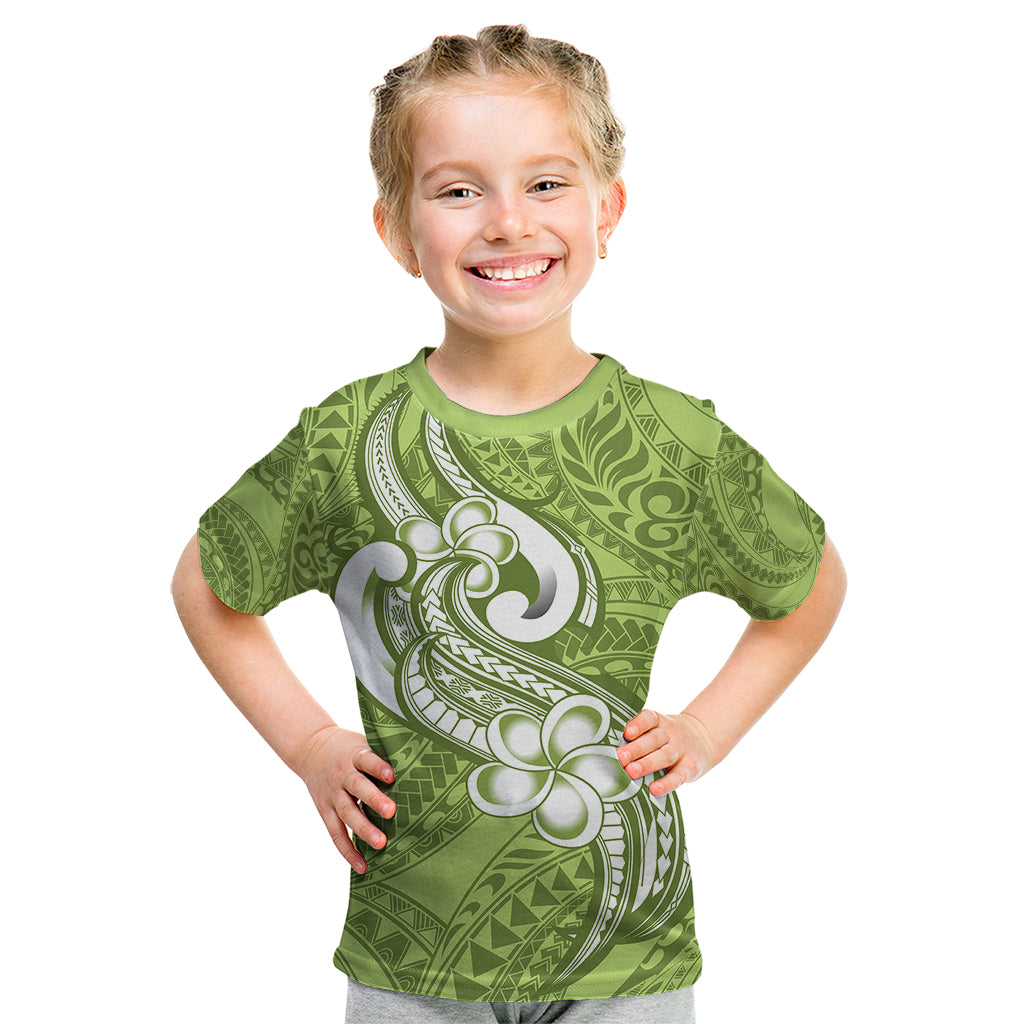 Polynesia Kid T Shirt Plumeria With Tribal Pattern Green Pastel Vibes LT14 Green - Polynesian Pride