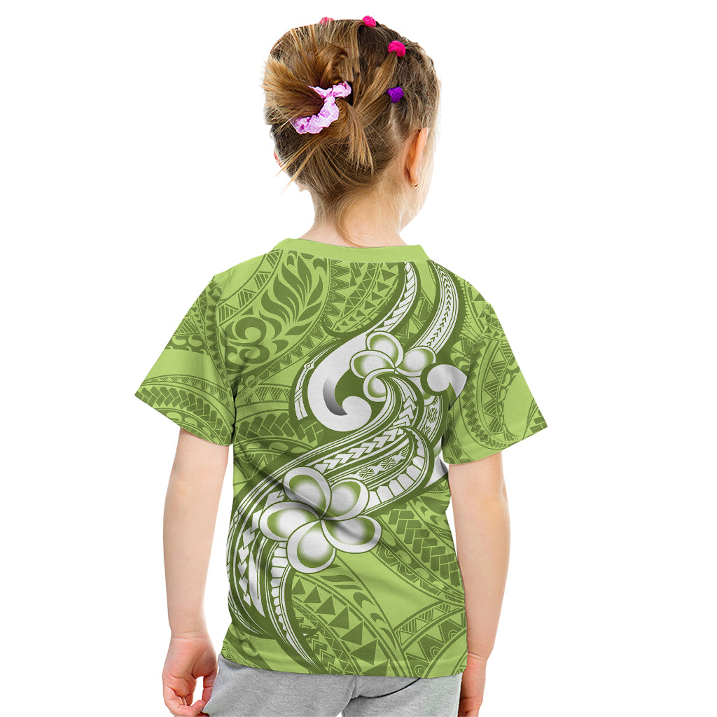 Polynesia Kid T Shirt Plumeria With Tribal Pattern Green Pastel Vibes LT14 - Polynesian Pride