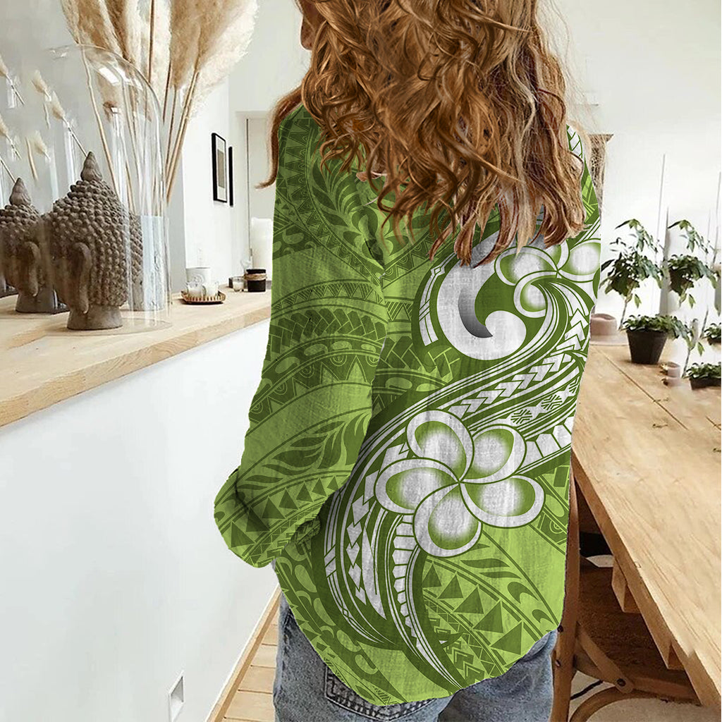 Polynesia Women Casual Shirt Plumeria With Tribal Pattern Green Pastel Vibes LT14 - Polynesian Pride