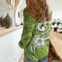 Polynesia Women Casual Shirt Plumeria With Tribal Pattern Green Pastel Vibes LT14 - Polynesian Pride