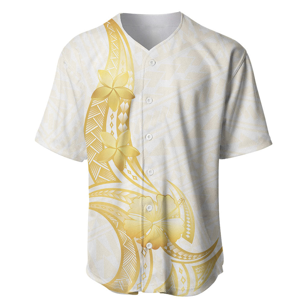Polynesia White Sunday Baseball Jersey Polynesian Tattoo Plumeria Hibiscus Gold